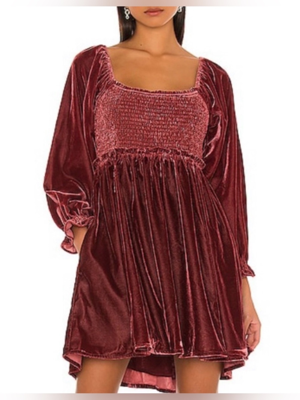 Free People Velvet Smocked Mini Dress in Wine Red
